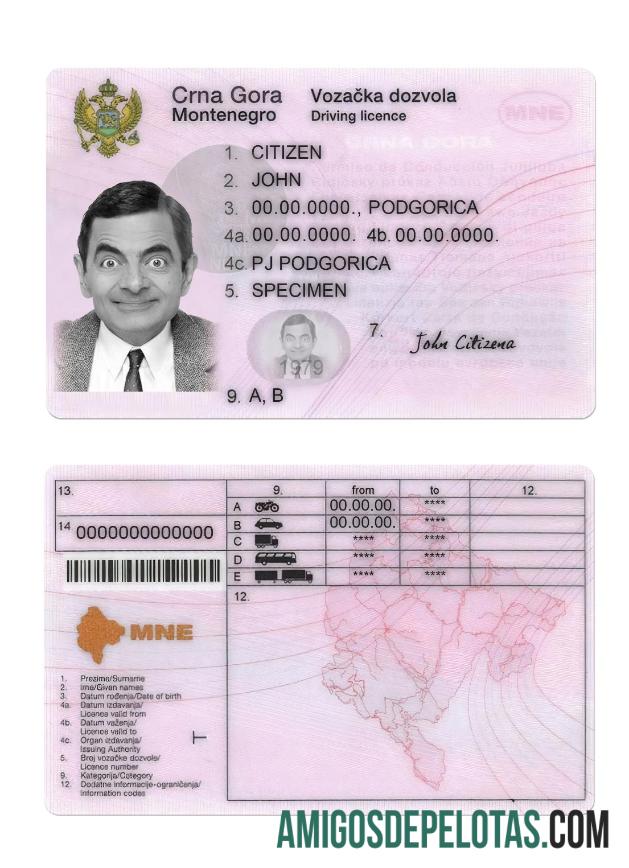 Carta de condução de Montenegro exemplo real